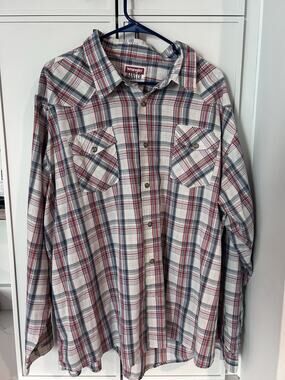 Wrangler Jeans Pearl Snap Western Shirt‎ Mens 3XL Plaid Red Blue Vintage Cowboy